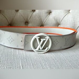 Louis Vuitton LV Initiales Belt Grey Monogram White Buckle Size 95/38